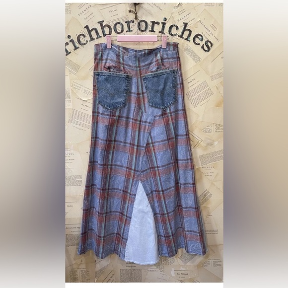 Free People Tricia Fix Plaid Denim Maxi Skirt Reworked Wine Blue - Picture 4 of 6